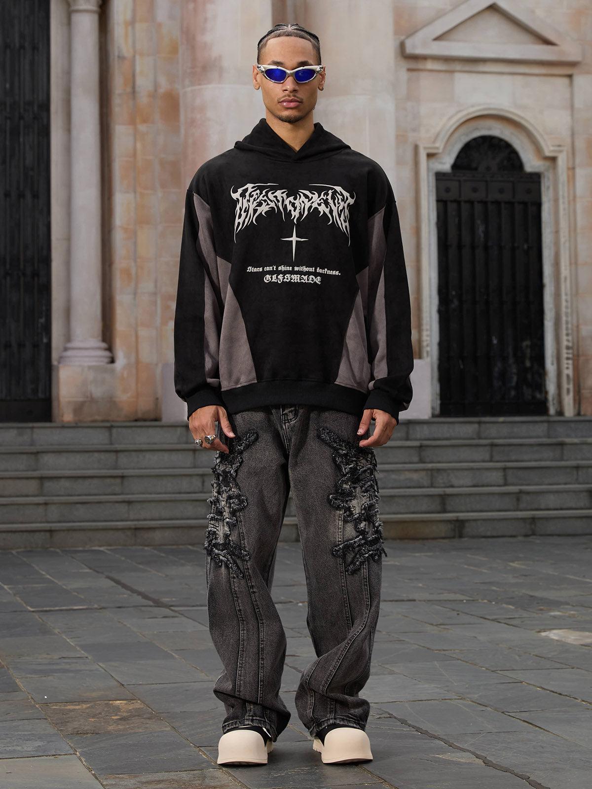 Concert Outfit Raw Edge Patch Straight Jeans Concert Outfit Raw Edge Patch Straight Jeans