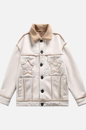 Concert Outfit Raw Edge Star Embroidered Fleece Jacket