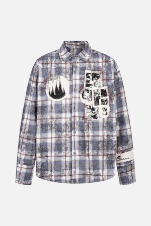 Concert Outfit Retro Cleanfit Patch Embroidered Plaid Shirt