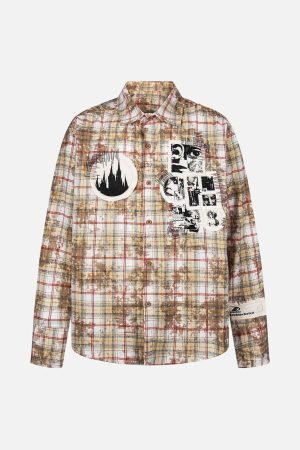 Concert Outfit Retro Cleanfit Patch Embroidered Plaid Shirt