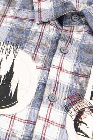 Concert Outfit Retro Cleanfit Patch Embroidered Plaid Shirt