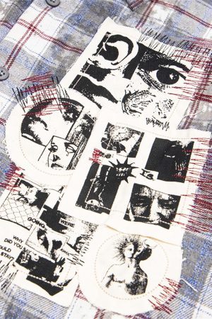 Concert Outfit Retro Cleanfit Patch Embroidered Plaid Shirt