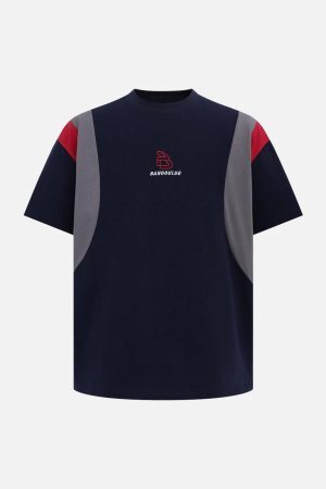 Concert Outfit Retro Contrast Color Stitching Embroidered Letter Jersey T-Shirt