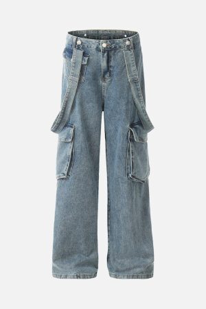 Concert Outfit Retro Detachable Strap Multi-Pocket Jeans