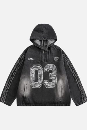 Concert Outfit Retro Distressed Washed Denim Hoodie