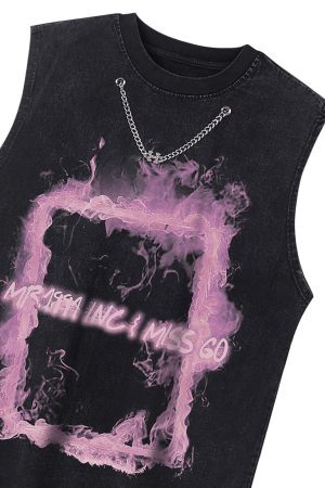 Concert Outfit Retro Distressed Washed Smoke Printed Vest