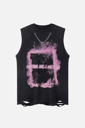 Concert Outfit Retro Distressed Washed Smoke Printed Vest