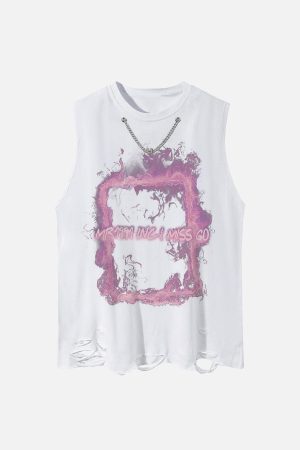 Concert Outfit Retro Distressed Washed Smoke Printed Vest