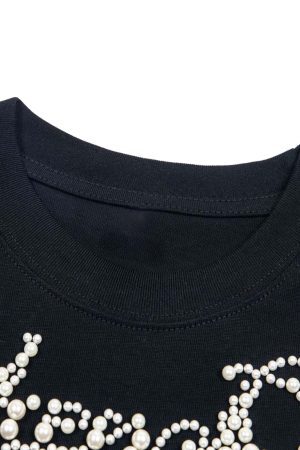 Concert Outfit Retro Embroidery Beaded Letter Print T-Shirt