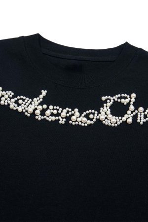 Concert Outfit Retro Embroidery Beaded Letter Print T-Shirt