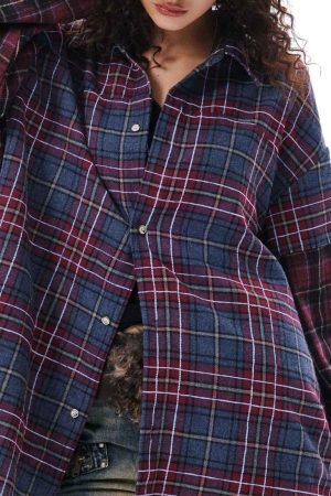 Concert Outfit Retro Faux Two-Piece Plaid Shirt