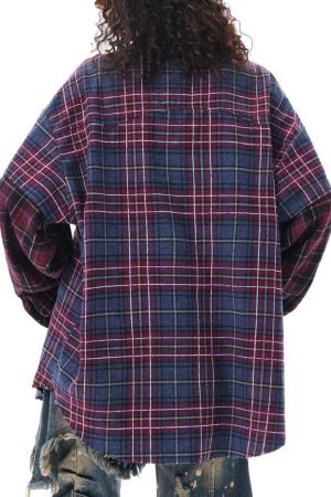 Concert Outfit Retro Faux Two-Piece Plaid Shirt