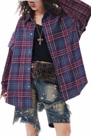 Concert Outfit Retro Faux Two-Piece Plaid Shirt