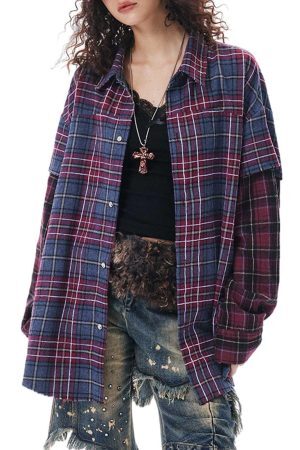 Concert Outfit Retro Faux Two-Piece Plaid Shirt