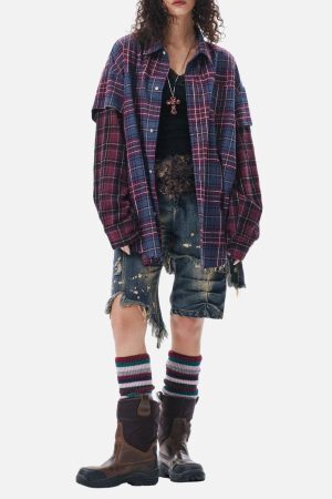 Concert Outfit Retro Faux Two-Piece Plaid Shirt