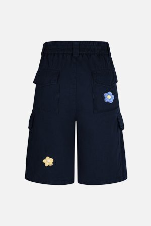 Concert Outfit Retro Floral Embroidered Pleated Multi-Pocket Cargo Jorts