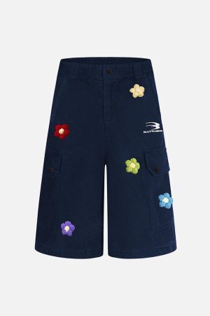 Concert Outfit Retro Floral Embroidered Pleated Multi-Pocket Cargo Jorts