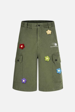 Concert Outfit Retro Floral Embroidered Pleated Multi-Pocket Cargo Jorts