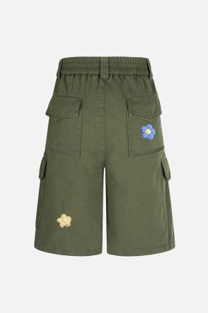 Concert Outfit Retro Floral Embroidered Pleated Multi-Pocket Cargo Jorts