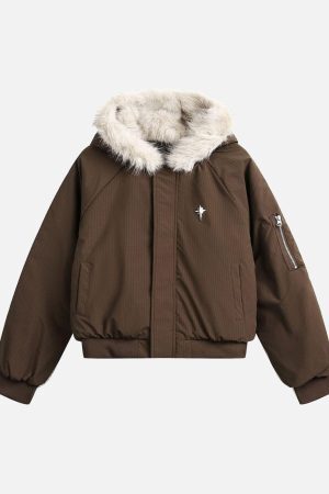 Concert Outfit Retro Fur Hooded Fleece Bomber Jacket