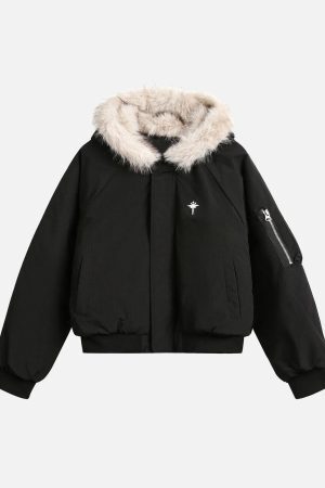 Concert Outfit Retro Fur Hooded Fleece Bomber Jacket