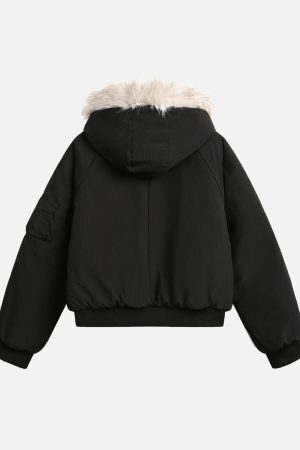 Concert Outfit Retro Fur Hooded Fleece Bomber Jacket