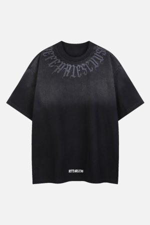 Concert Outfit Retro Gradient Letter Printed Washed Oversize T-Shirt