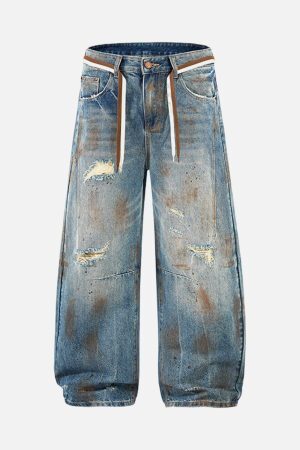 Concert Outfit Retro Ink-Splashed Ripped Jeans