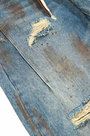 Concert Outfit Retro Ink-Splashed Ripped Jeans