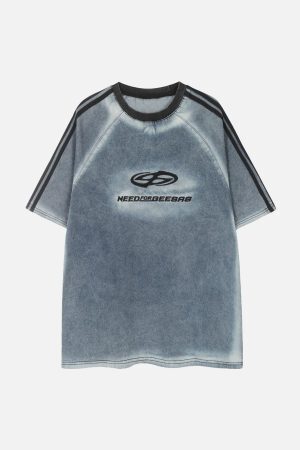 Concert Outfit Retro Letter Embroidery Contrast Denim T-Shirt