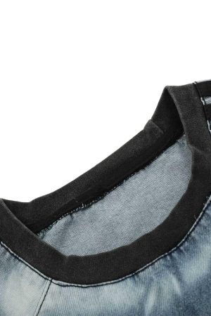 Concert Outfit Retro Letter Embroidery Contrast Denim T-Shirt