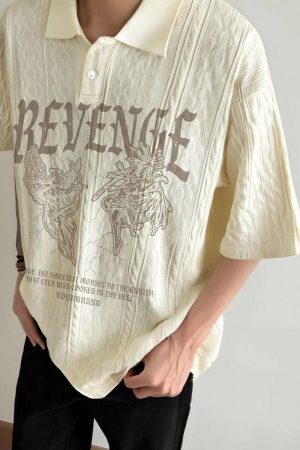 Concert Outfit Retro Letter Print Lapel Short Sleeve Polo Shirt