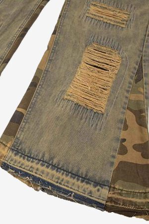 Concert Outfit Retro Patchwork Camouflage Flared Jeans