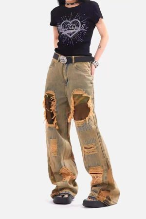 Concert Outfit Retro Patchwork Camouflage Flared Jeans