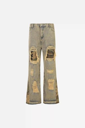 Concert Outfit Retro Patchwork Camouflage Flared Jeans