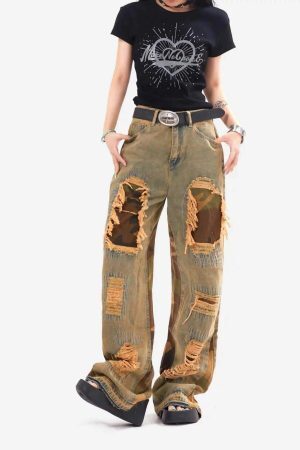 Concert Outfit Retro Patchwork Camouflage Flared Jeans