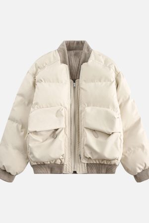 Concert Outfit Retro Patchwork Multi Pocket Puffer Bomber Jacket