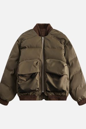 Concert Outfit Retro Patchwork Multi Pocket Puffer Bomber Jacket