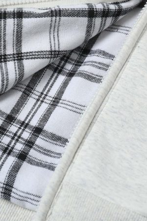 Concert Outfit Retro Plaid Lining Zip Up Hooded Sweatshirt