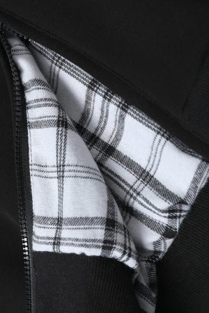 Concert Outfit Retro Plaid Lining Zip Up Hooded Sweatshirt