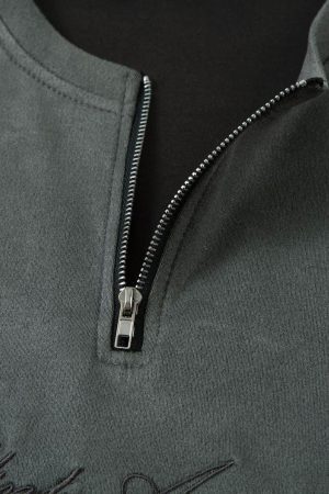 Concert Outfit Retro Quarter Zip Up Suede Embroidered T-Shirt