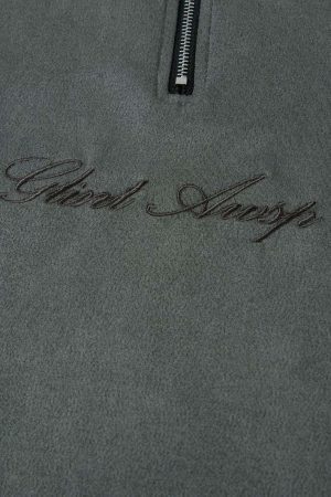 Concert Outfit Retro Quarter Zip Up Suede Embroidered T-Shirt