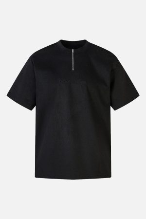 Concert Outfit Retro Quarter Zip Up Suede Embroidered T-Shirt