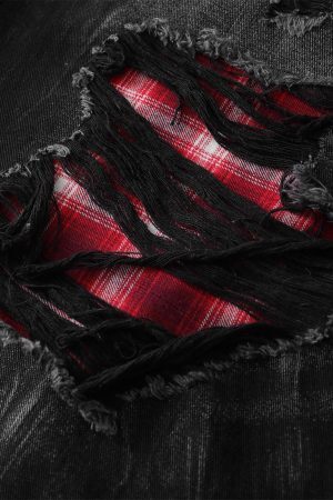 Concert Outfit Retro Ripped Contrast Plaid Denim Shorts