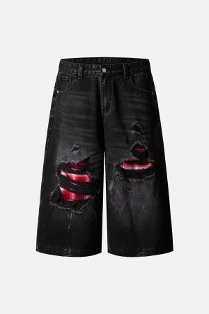 Concert Outfit Retro Ripped Contrast Plaid Denim Shorts