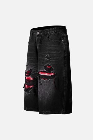 Concert Outfit Retro Ripped Contrast Plaid Denim Shorts