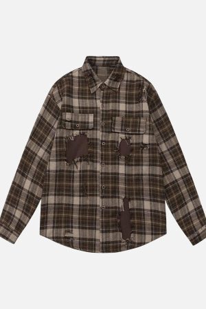 Concert Outfit Retro Ripped Patchwork Long Sleeve Plaid Shirt