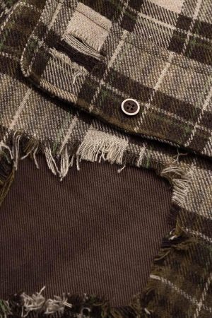 Concert Outfit Retro Ripped Patchwork Long Sleeve Plaid Shirt