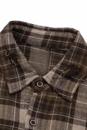 Concert Outfit Retro Ripped Patchwork Long Sleeve Plaid Shirt