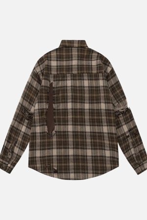 Concert Outfit Retro Ripped Patchwork Long Sleeve Plaid Shirt